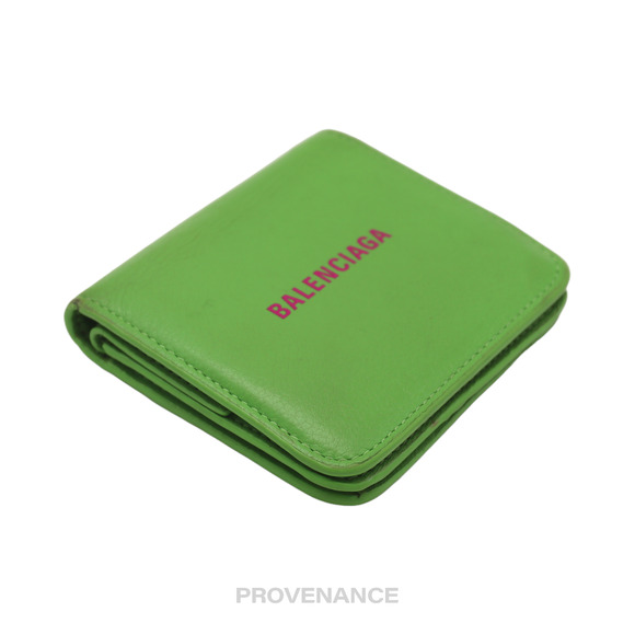 🔴 Balenciaga Logo Print Bifold Wallet - Green Leather - Picture 5 of 9